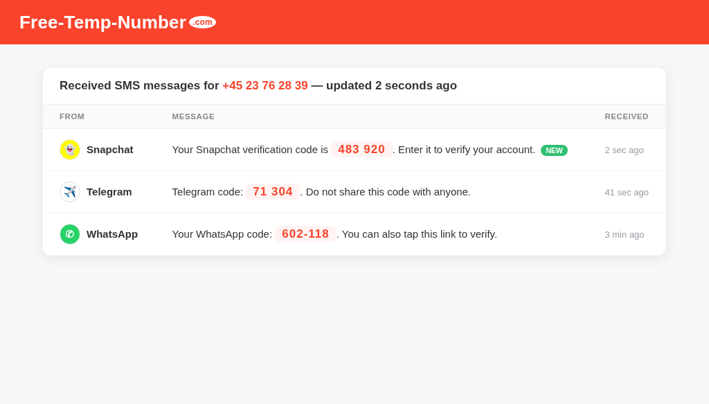 Received SMS with a verification code on Free-Temp-Number